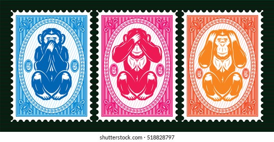 set of three colored vector template with three monkeys