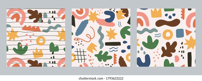 Set of three Colorful Abstract contemporary modern trendy vector with various hand drawn abstract objects.