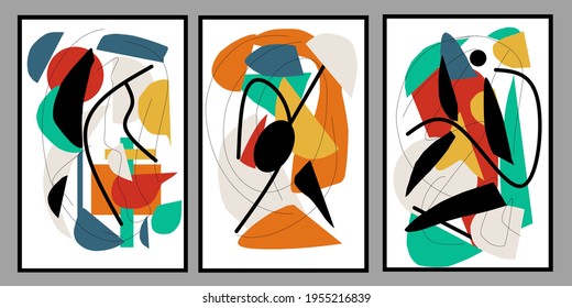 Set three of colorful abstract Geometric wall art. Mid century modern wall decor. Minimalist wall Decorations.