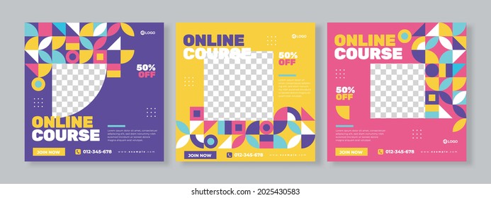 Set of three colorful abstract geometric background of online course promotion banner social media pack template premium vector