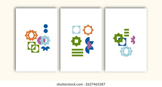 Set of three colorful abstract geometry wall art vector. Geometric wall print for home decorations.