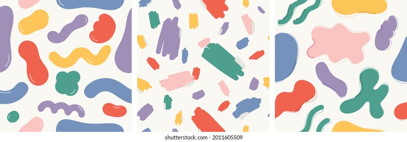 Set of three Colorful Abstract Seamless Pattern. Various Hand drawn Shapes. Perfect for textile, Background, Wallpaper, Stationary 