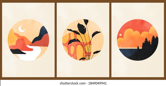A set of three colorful aesthetic backgrounds. Minimalist social media posters in pastel colors. Vintage watercolor illustrations with mountain landscape, moon, plants, fir trees, clouds, sun, lake.