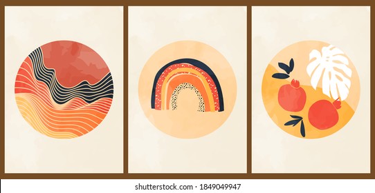 A set of three colorful aesthetic backgrounds. Minimalist social media posters in pastel colors. Vintage watercolor illustrations with waves, stripes, rainbow, pomegranates, leaves.