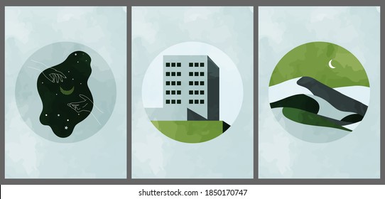 Un conjunto de tres coloridos orígenes estéticos. Afiches de medios sociales minimalistas en un círculo. Imágenes de acuarela vintage con paisaje, desierto, arquitectura, luna creciente, manos, estrellas.