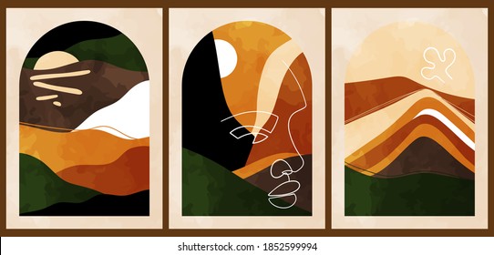 A set of three colorful aesthetic backgrounds. Minimalistic posters for social networks, web design. Vintage watercolor illustrations with landscape, mountains, sun, lines, woman's face.
