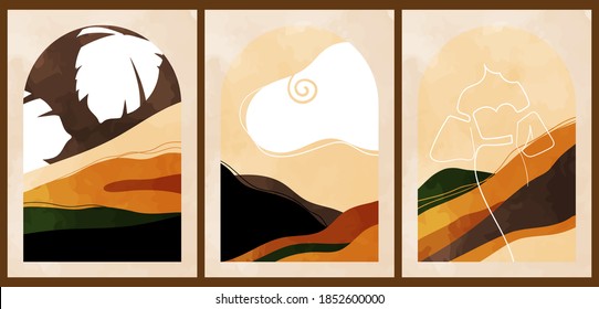 A set of three colorful aesthetic backgrounds. Minimalistic posters for social networks, web design. Vintage watercolor illustrations with landscape, mountains, sun, lines, girly silhouette, leaves.