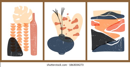 A set of three colorful aesthetic backgrounds. Minimalistic posters for social media, web design. Vintage illustrations with bottle, vase, leaf, landscape, plants.