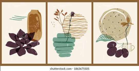 A set of three colorful aesthetic backgrounds. Minimalistic posters for social networks, web design. Vintage illustrations with geometric shapes, flowers, plants, vase, grapes, stripes.