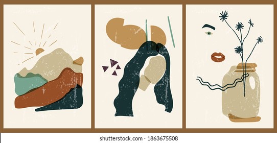 A set of three colorful aesthetic backgrounds. Minimalistic posters for social networks, web design. Vintage illustrations with landscape, girl face, vase, sun, flowers, mountains, geometric shapes.