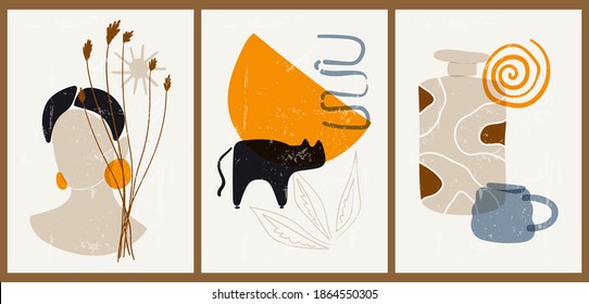 A set of three colorful aesthetic backgrounds. Minimalistic posters for social media, web design. Vintage illustrations with geometric shapes woman's face with flowers, cat and floral, vases with swirl, 