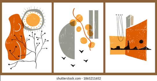 A set of three colorful aesthetic backgrounds. Minimalistic posters for social networks, web design. Vintage illustrations with geometric shapes, vases, flowers, sun, architecture.