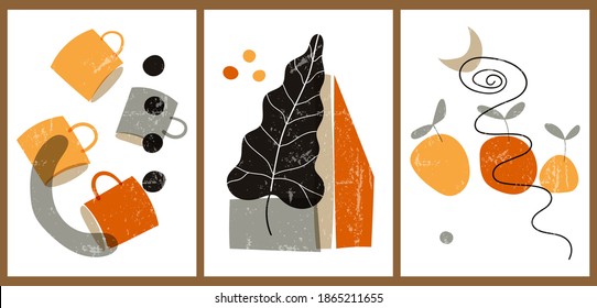 A set of three colorful aesthetic backgrounds. Minimalistic posters for social networks, web design. Vintage illustrations with geometric shapes, circles, leaf, tangerines, moon, doodles.