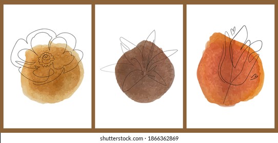 Un conjunto de tres coloridos orígenes estéticos. Afiches minimalistas para medios sociales, diseño web. Ilustraciones de época con flores de línea delgada y círculos abstractos de acuarela.
