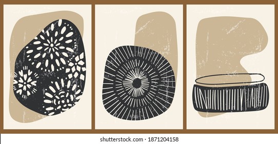 Un conjunto de tres coloridos orígenes estéticos. Afiches minimalistas para medios sociales, diseño web. Ilustraciones de época con formas geométricas, círculos, patrones, líneas, garabatos.