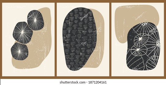 A set of three colorful aesthetic backgrounds. Minimalistic posters for social media, web design. Vintage illustrations with geometric shapes, circles, patterns, lines, doodles.