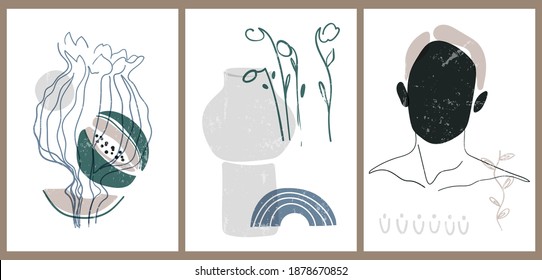 A set of three colorful aesthetic backgrounds. Minimalistic posters for social media, web design. Vintage illustrations with geometric shapes, circles, plants, woman's face, melon, vase.