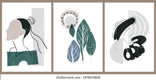 Un conjunto de tres coloridos orígenes estéticos. Afiches minimalistas para medios sociales, diseño web. Ilustraciones vintage con formas geométricas, círculos, plantas, cara de mujer, berenjena, sol.