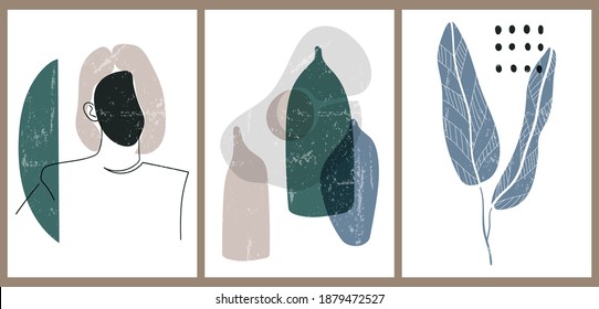 A set of three colorful aesthetic backgrounds. Minimalistic posters for social networks, web design. Vintage illustrations with geometric shapes, plants, woman's face, vases, circles.
