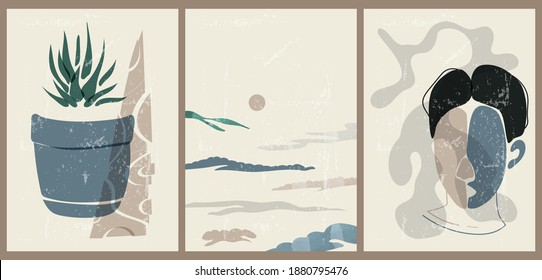 A set of three colorful aesthetic backgrounds. Minimalistic posters for social media, web design. Vintage illustrations with geometric shapes, landscape, ceramics, female face silhouette.
