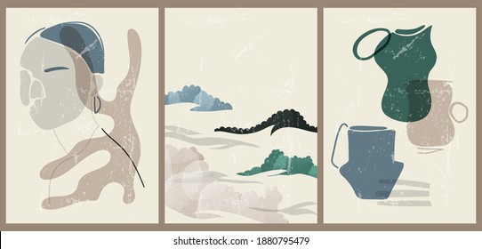 A set of three colorful aesthetic backgrounds. Minimalistic posters for social media, web design. Vintage illustrations with geometric shapes, landscape, ceramics, female face silhouette.