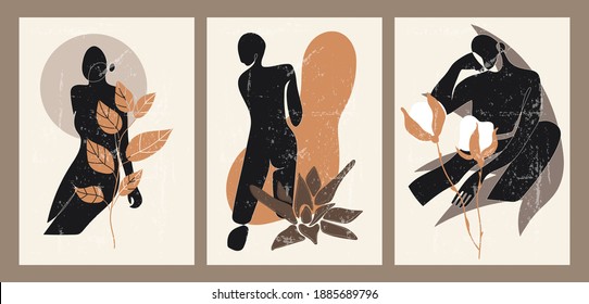 A set of three colorful aesthetic backgrounds. Minimalistic posters for social media, web design. Vintage illustrations with geometric shapes, leaves, plants, female silhouette.