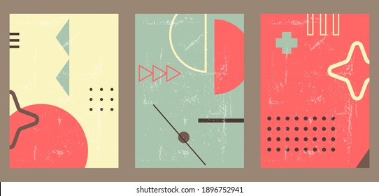 A set of three colorful aesthetic backgrounds. Minimalistic posters for social media, web design. Vintage geometric illustrations in memphis style with different shapes, dots, lines.