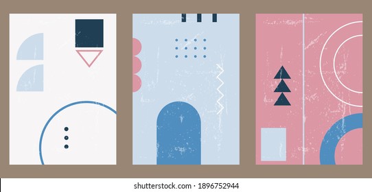 A set of three colorful aesthetic backgrounds. Minimalistic posters for social media, web design. Vintage geometric illustrations in memphis style with different shapes, dots, lines.
