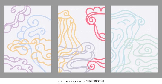 A set of three colorful aesthetic backgrounds. Minimalistic posters for social networks, web design. Vintage geometric illustrations with different lines, doodles, curls, waves.