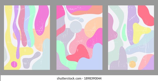 A set of three colorful aesthetic backgrounds. Minimalistic posters for social networks, web design. Vintage geometric illustrations with different shapes, doodles, circles, waves.
