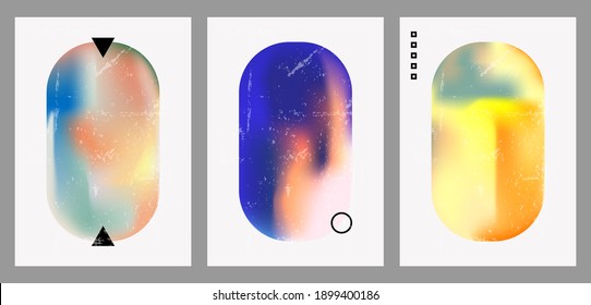 A set of three colorful aesthetic backgrounds. Minimalistic posters for social media, web design. Vintage geometric illustrations with different shapes, gradients, tints, fluids.