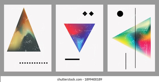 Eine Reihe von drei bunten ästhetischen Hintergründen. Minimalistische Plakate für soziale Medien, Webdesign. Vintage geometrische Illustrationen mit unterschiedlichen Formen, Farbverläufen, Flüssigkeiten.