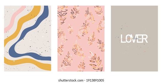 A set of three colorful aesthetic backgrounds. Minimalistic abstract social media posters, cover designs. Illustrations with positive lettering, wavy shapes, flowers with golden texture.