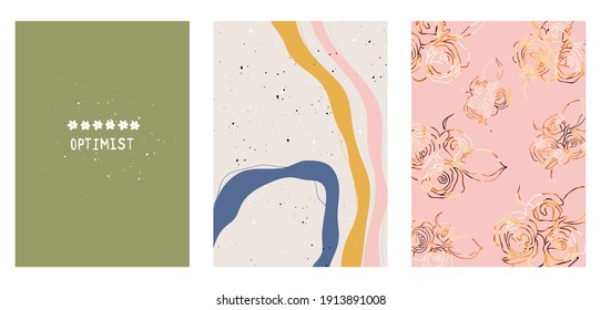 A set of three colorful aesthetic backgrounds. Minimalistic abstract social media posters, cover designs. Illustrations with positive lettering, wavy shapes, flowers with golden texture.