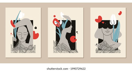 A set of three colorful aesthetic backgrounds. Minimalistic posters for social media, web design, advertisment. Vintage illustrations with geometric shapes, leaves, plants, female silhouettes, faces.