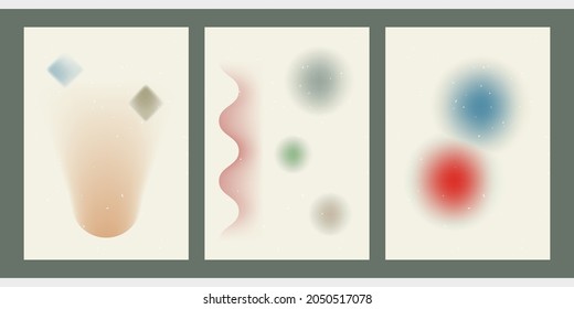 A set of three colorful aesthetic backgrounds. Minimalistic posters for social media, web design. Vintage geometric illustrations with different shapes, gradients, tints, fluids.