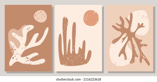 A set of three colorful aesthetic backgrounds. Posters inspired by Henri Matisse. Minimalistic abstract prints in boho style. Pastel colors, earth tones. Modern Art.