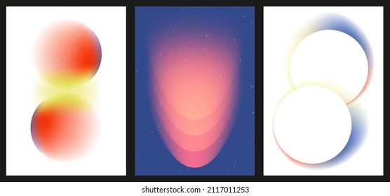 A set of three colorful aesthetic backgrounds. Minimalistic posters for social media, web design. Vintage geometric illustrations with different shapes, gradients, tints, fluids.
