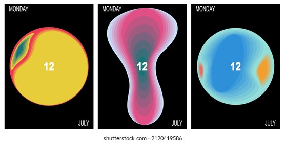 A set of three colorful aesthetic backgrounds. Minimalistic posters for social media, web design. Vintage geometric illustrations with different shapes, gradients, tints, fluids.