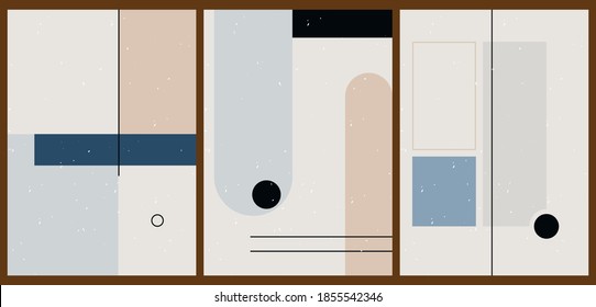 A set of three colorful aesthetic geometric backgrounds. Minimalistic posters for social media, cover design, web, home decor. Vintage illustrations with stripes, shapes, circles, lines.