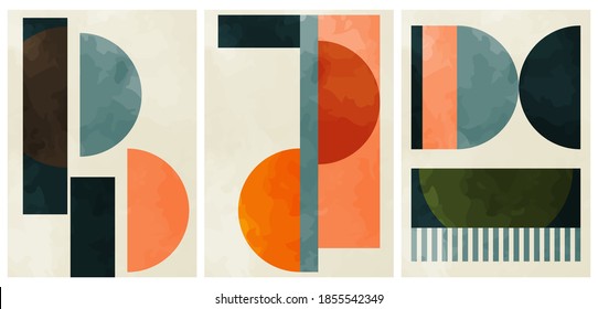 A set of three colorful aesthetic geometric backgrounds. Minimalistic posters for social media, cover design, web, home decor. Vintage illustrations with stripes, shapes, circles, semicircles, lines.