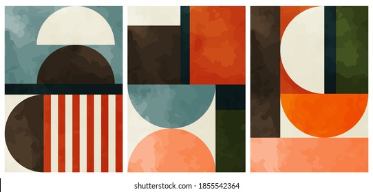 A set of three colorful aesthetic geometric backgrounds. Minimalistic posters for social media, cover design, web, home decor. Vintage illustrations with stripes, shapes, circles, semicircles, lines.