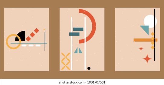 A set of three colorful aesthetic geometric backgrounds. Minimalistic posters for social media, cover design, web, home decor. Vintage illustrations with stripes, shapes, circles, semicircles, lines.