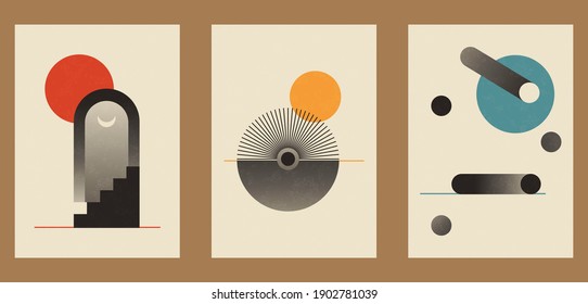 A set of three colorful aesthetic geometric backgrounds. Minimalistic posters for social media, cover design, web, home decor. Vintage illustrations with stripes, shapes, circles, semicircles, lines.