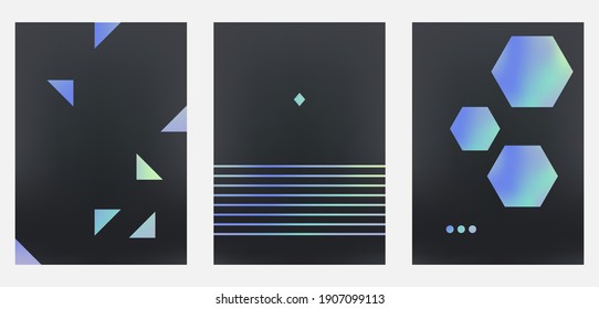 A set of three colorful aesthetic geometric backgrounds. Minimalistic rainbow posters for social media, cover design, web. Vintage illustrations with holographic gradient, shapes, stripes.