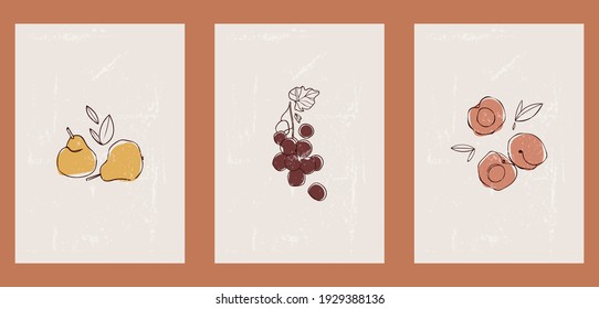 A set of three colorful aesthetic geometric backgrounds. Minimalist social media posters, cover designs, internet, home decor. Vintage illustrations with fruits, pears, grapes, peaches.