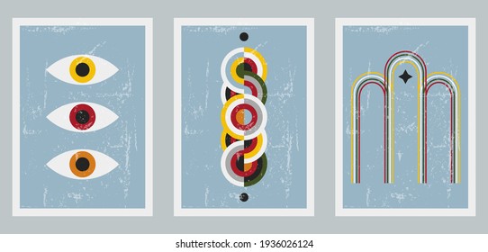 A set of three colorful aesthetic geometric backgrounds. Minimalist social media posters, cover designs, web, home decor. Vintage illustrations with boho rainbow, eyes, circles, lines, stripes.