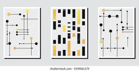 A set of three colorful aesthetic geometric backgrounds. Minimalistic posters for social media, cover design, web, home decor. Vintage illustrations with stripes, shapes, circles, lines.