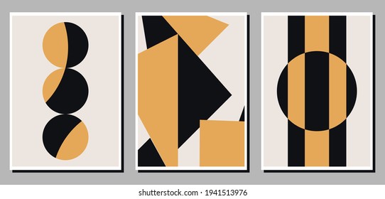 A set of three colorful aesthetic geometric backgrounds. Minimalist abstract posters for social media, cover design, web, home decor. Vintage illustrations with different shapes.