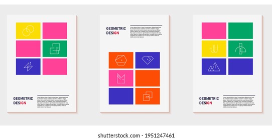 A set of three colorful aesthetic geometric backgrounds. Minimalistic posters for social media, cover design, web, card design. Vintage illustrations with stripes, shapes, semicircles, lines.